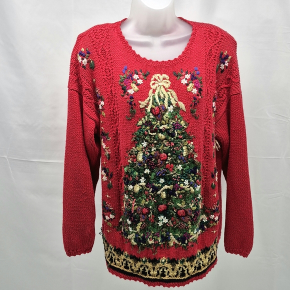Tiara International Sweaters - Vintage Tiara International Red Embroidered Beaded Christmas Tree Ugly Sweater L